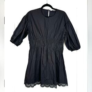 Zara Black Sinch Lace Detail Puff Sleeve Dress Size Small